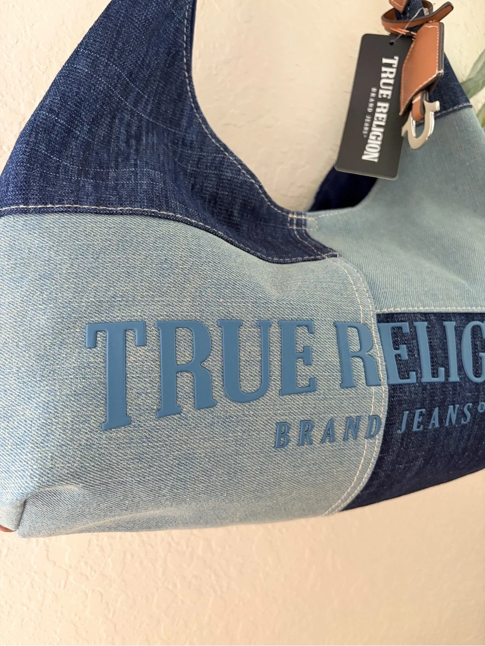 True Religion Denim Patchwork Hobo Shoulder Bag Horseshoe Charm